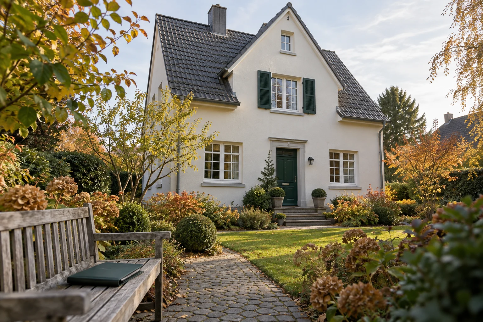 KI-Symbolbild eines hell verputzten Wohnhauses mit grüner Eingangstür und Garten; auf einer Holzbank liegt eine geschlossene grüne Mappe.